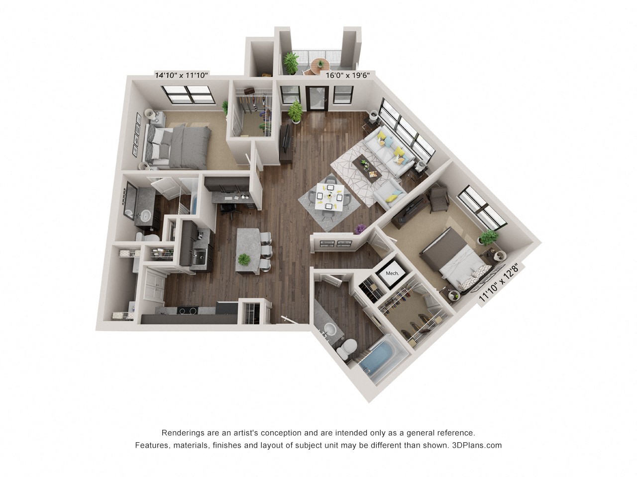 Floor plan for 2 beds, 2 baths, 1251 sqft